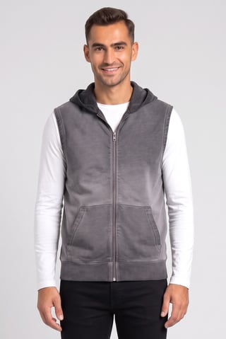 Men Washed Sleeveless Hoodie, Grey