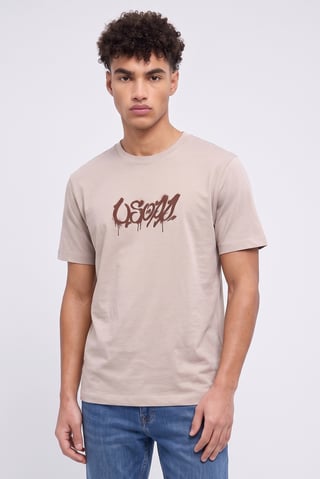 Men One Piece Crew Neck Short Sleeves Brand Logo T-Shirt, Light Brown