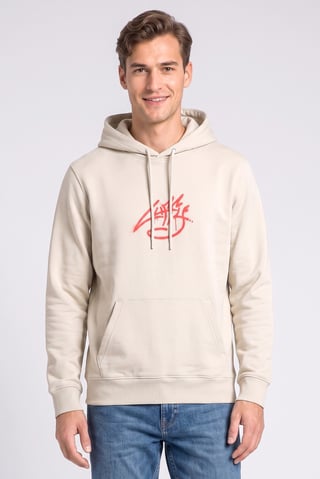 Men Graphic Print Long Sleeve Hoodie, Light Beige