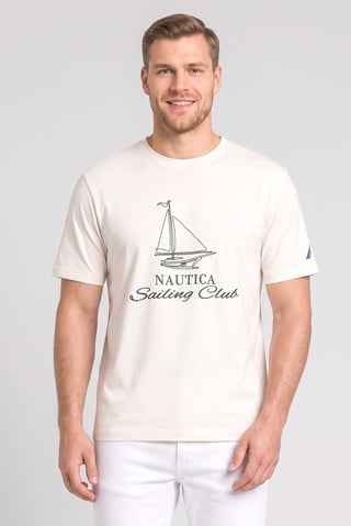 Men Crew Neck Short Sleeve Graphic Print T-Shirt, Cream