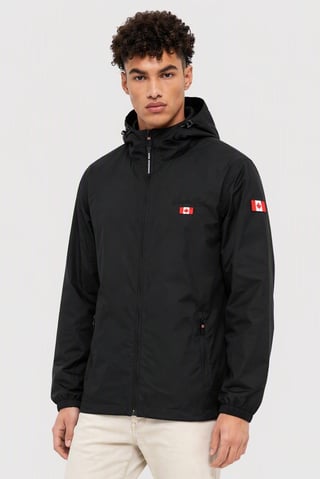 Men Embroidered Logo Windbreaker Full Zip Jacket, Black