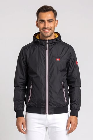 Men Brand Logo Long Sleeve Raincoat, Black