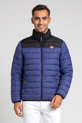 Men Brand Logo Long Sleeve Puffer Jacket, Blue