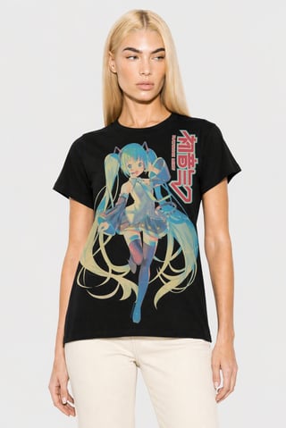 Hatsune Mike Women Crew Neck Short Sleeve Graphic Print T-Shirt, Black
