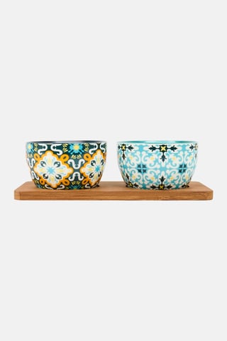 3 Pieces Graphic Print Serving Bowl Set With Tray, Multicolor