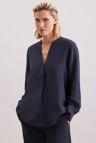 Women Split Neck Long Sleeve Plain Tunic Top, Navy