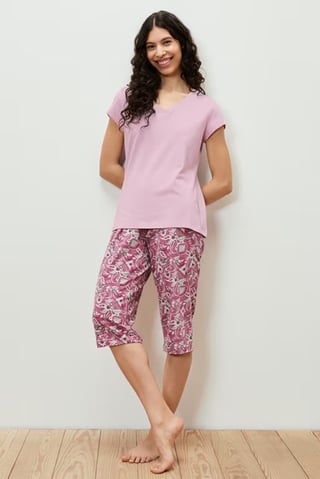 Women 2 Pcs Floral Print Top With 3/4 Pyjama Bottom, Multicolor