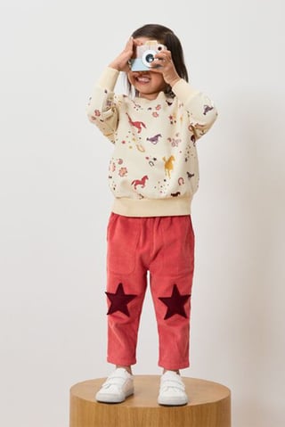 Kids Girl Regular Fit Embroidered Corduroy Pants, Reddish Orange