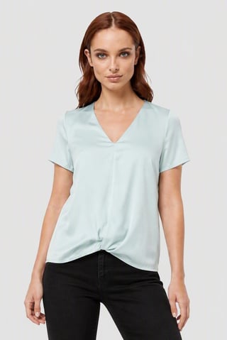 Find x Amazon Women V-Neck Solid Short Sleeve Top, Aqua Green