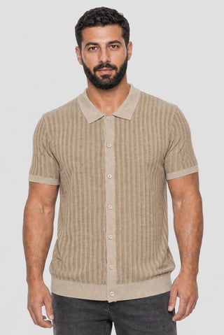 Men Spread Collar Short Sleeve Knitted Polo Shirt, Beige