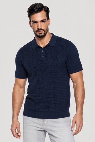 Men Regular Fit Knitted Short Sleeve Polo, Navy Blue