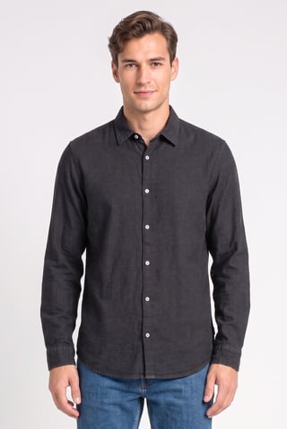 Men Regular Fit Washed Long Sleeve Denim Shirt, Black