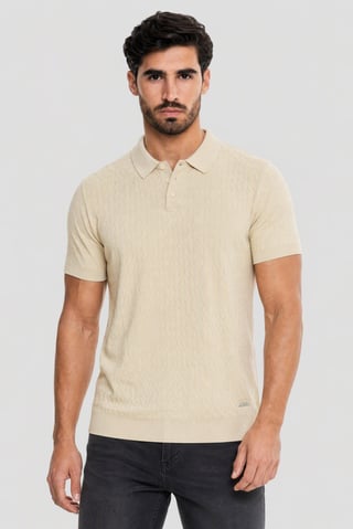 Men Regular Fit Textured Short Sleeve Polo, Biege