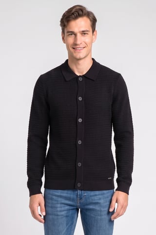 Men Regular Fit Textured Long Sleeve  Polo Shirt, Black
