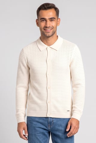 Men Regular Fit Textured Long Sleeve Cardigan, Ivory
