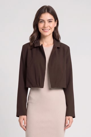 Women Regular Fit Solid Crop Blazer, Dark Brown