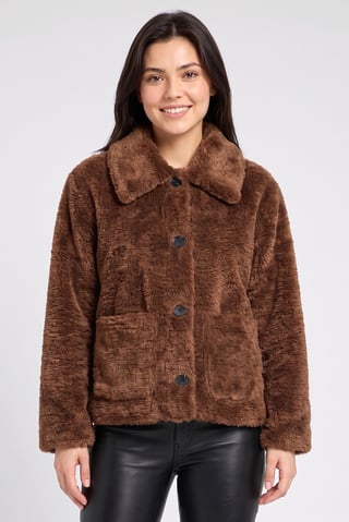 Women Textured Sherpa Jacket, Brown