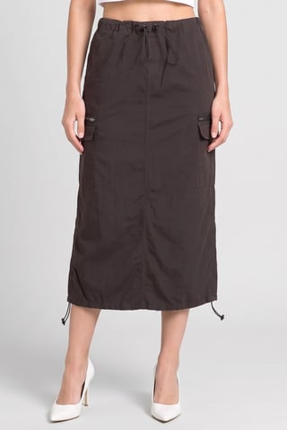 Women Solid Midi Skirt, Charcoal