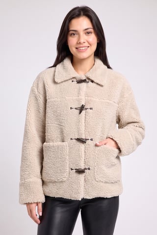 Women Textured Sherpa Jacket, Beige