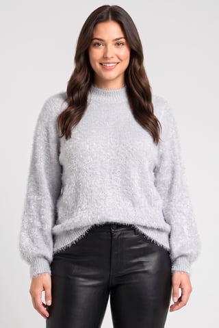 Women Round Neck Metallic Sweater, Silver