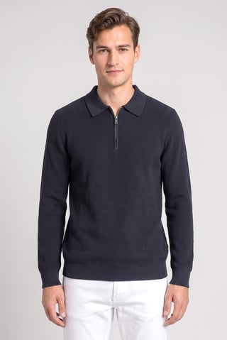 Men Regular Fit Knitted Long Sleeve Polo, Washed Black