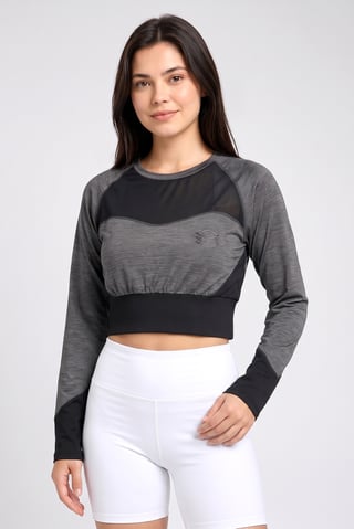 Women Sportswear Fit Long Sleeve Training Crop Top, Heather Black