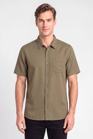 Men Regular Fit Short Sleeve Plain Casual Shirt, Olive