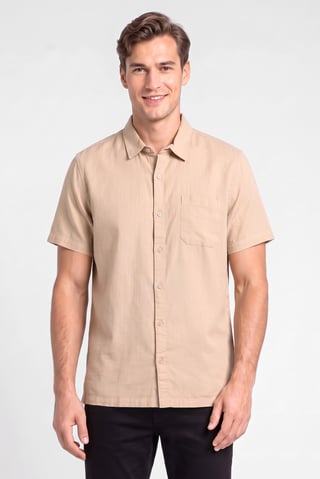 Men Regular Fit Short Sleeve Plain Casual Shirt, Beige