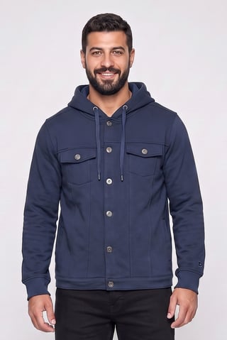 Men Solid Hooded  Jacket, Navy Blue