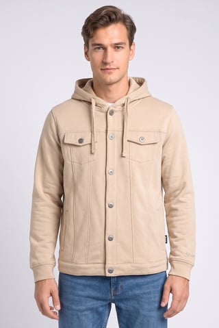 Men Plain Hooded Jacket, Beige