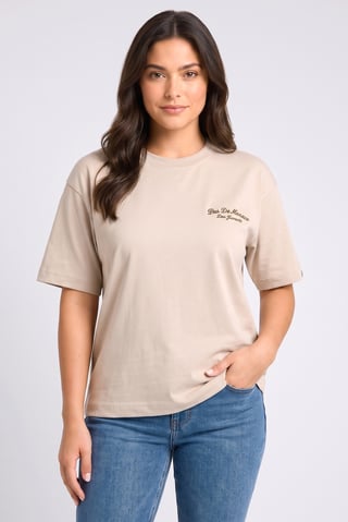 Women Crew Neck Short Sleeve  Embroidered Logo T-Shirt, Beige