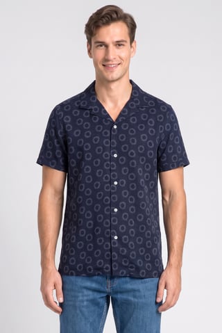 Men Lapel Collar Allover Print Short Sleeve Casual Shirt, Navy