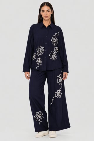 Women 2 Pieces Embroidered Shirt And Bottom Co-Ord Set, Navy Blue