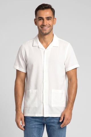 Men Regular Fit Short Sleeve Textured Casual Shirt, White
