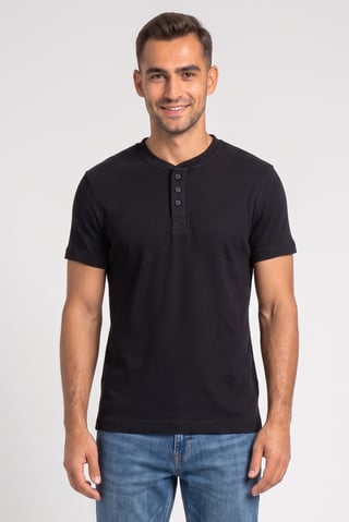 Men Henley Neck Short Sleeve Heather T-Shirt, Black