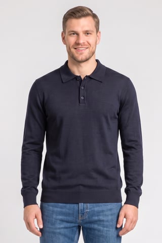 Men Spread Collar Long Sleeve Knitted Polo Shirt, Navy