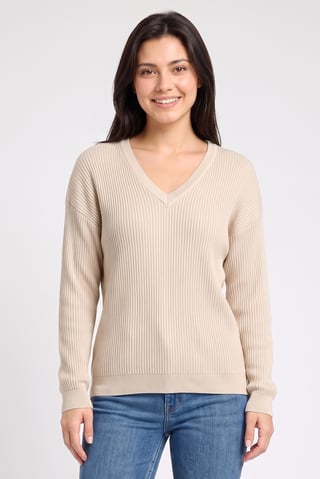 Women V-Neck Knitted Sweater, Beige