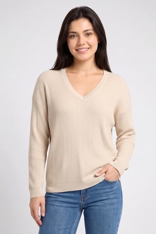 Women V-Neck Ribbed Sweater, Beige