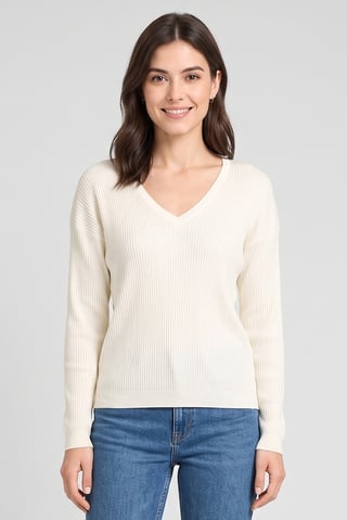 Women V-Neck Knitted Sweater, Off White