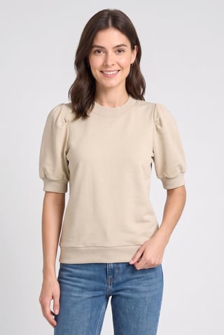 Women Crew Neck Balloon Sleeve Solid Top, Beige