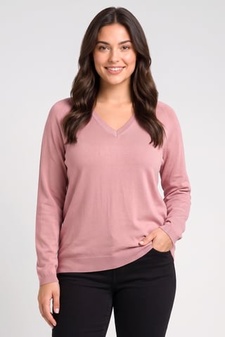 Women V-Neck Plain Knitted Sweater, Old Rose