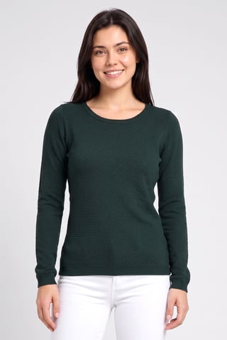 Women Round Neck Textured Sweater, Dark Green