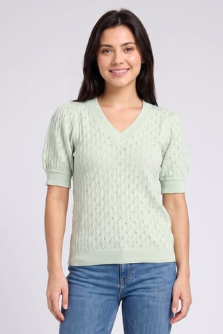 Women V Neck Short Sleeve Knitted Top, Mint Green