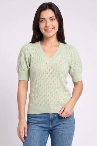 Women V Neck Short Sleeve Textured Top, Light Green