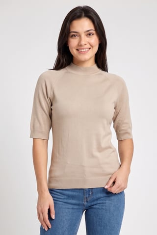 Women Monk Neck Knitted Sweater, Tan