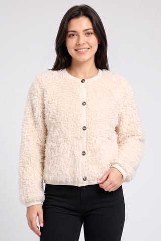 Women Crew Neck Textured Cardigan, Beige