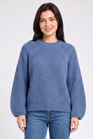 Women Crew Neck Crochet Sweater, Blue
