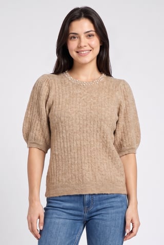 Women Round Neck Knitted Sweater, Dark Beige