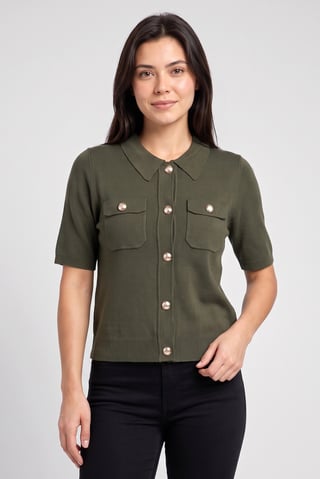 Women Spread Collar Short Sleeve Knitted Top, Olive
