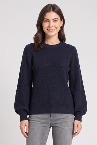 Women Crew Neck Long Sleeve Knitted Sweater, Navy